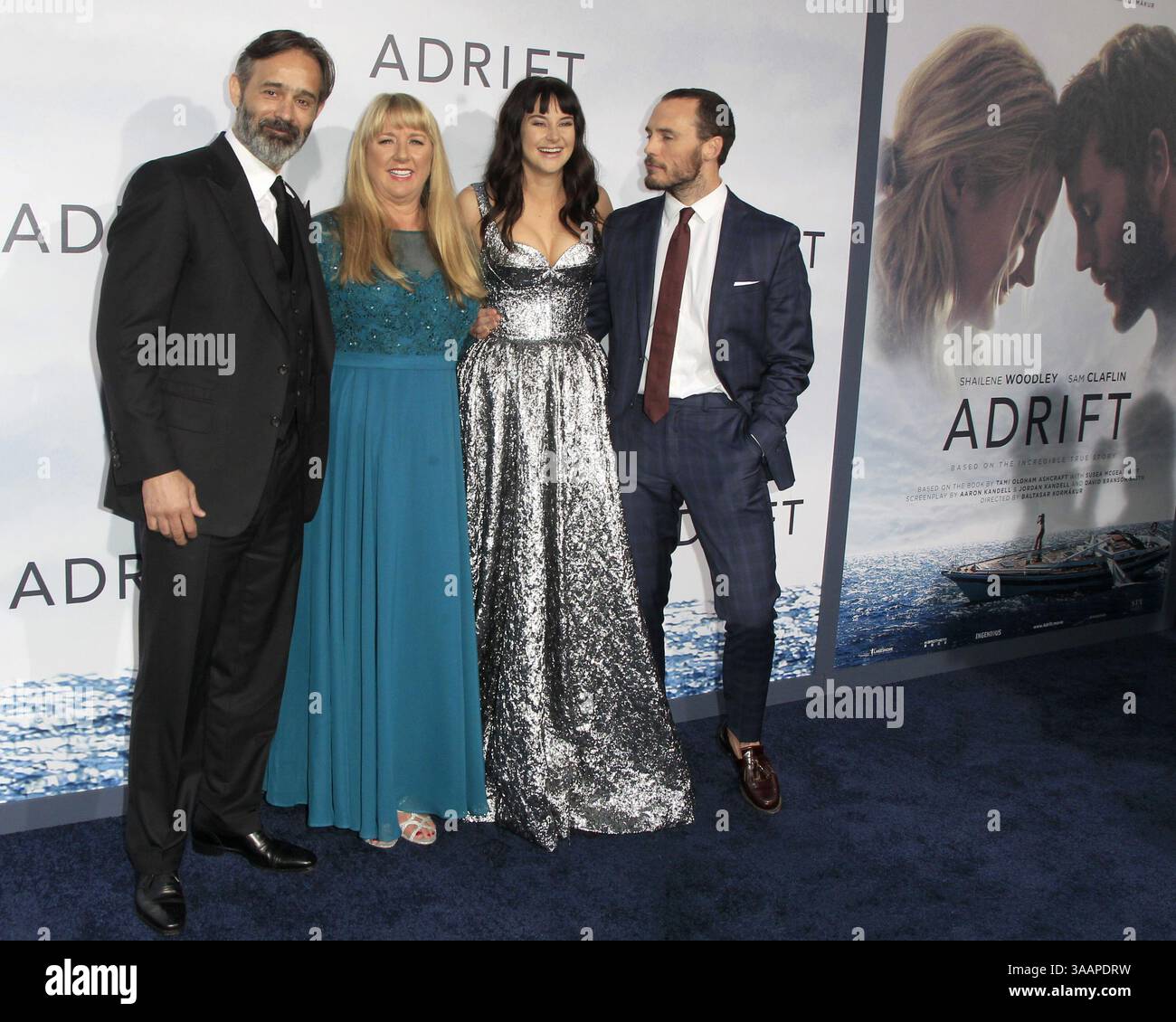 Mai 2018 – Los Angeles, CA, USA – LOS ANGELES – 23. MAI: Baltasar Kormakur, Tami Oldham Ashcraft, Shailene Woodley, Sam Claflin bei der „Adrift“-Weltpremiere im Regal LA Live am 23. Mai 2018 in Los Angeles, CA (Kreditbild: © Kathy Hutchins Via ZUMA Wire) Stockfoto
