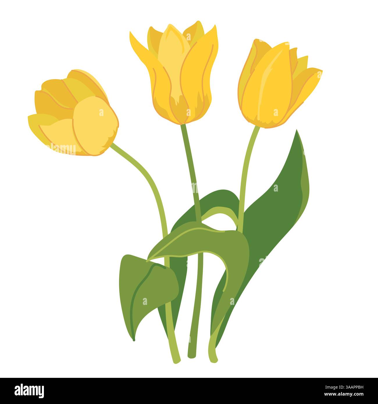 Wunderschöner Strauß aus gelben Tulpen isoliert auf weißem Hintergrund. Blumenstrauß im Frühling, Geschenk zum Internationalen Frauentag oder Muttertag. Bunte Vektorillustration in flachem Stil. Stock Vektor