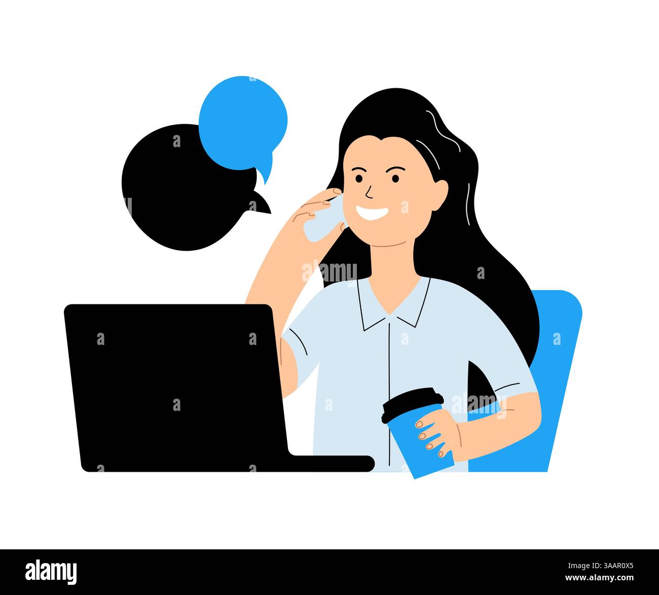 Geschäftsfrau lächelt und telefoniert, während sie Kaffee trinkt und am Laptop arbeitet, Sprechblasen für Kommunikation und Multitasking Stock Vektor