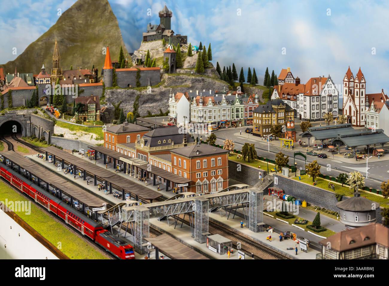 European Railway Layout, Wroxham Miniature Worlds, Norfolk, UK Stockfoto