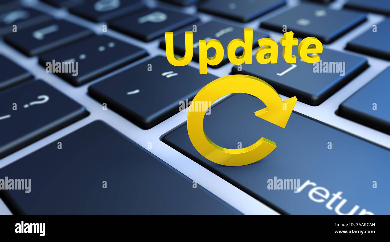 Aktualisieren Sie Computersoftware und Online-Daten konzeptionelle 3D-Illustration mit goldenem Schild und Symbol auf einer Laptop-Tastatur. Stockfoto