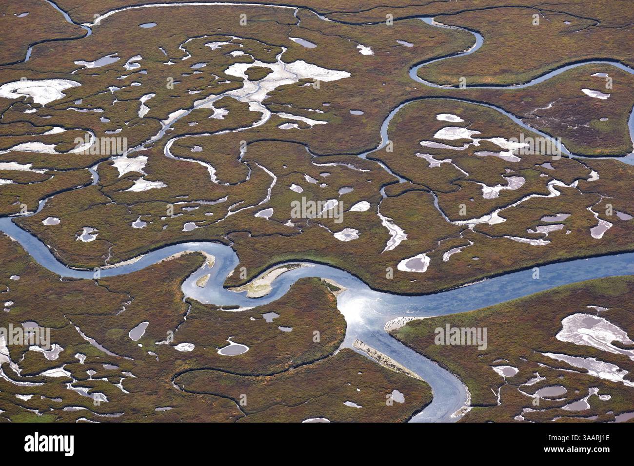 LUFTAUFNAHME. Abstrakte Bilder des Santa Monica Creek im Carpinteria Salt Marsh Reserve. Santa Barbara County, Kalifornien, USA. Stockfoto