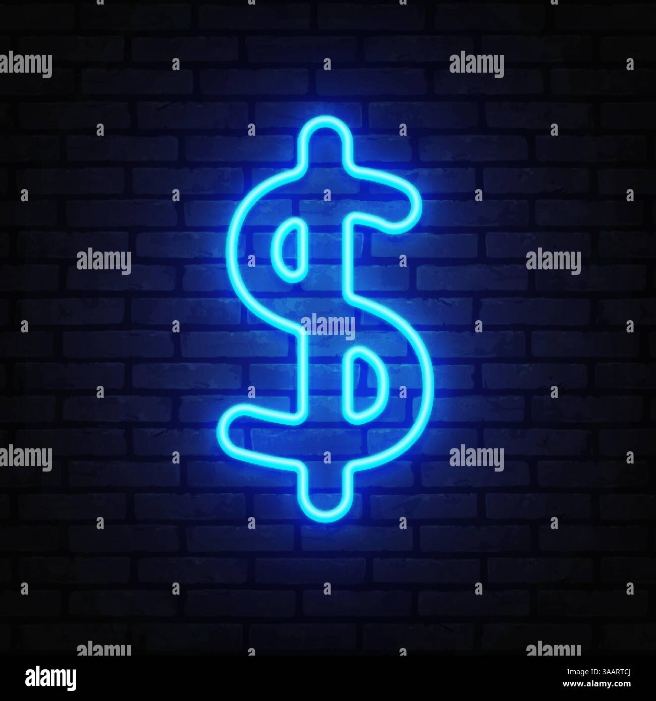 Dollarsymbol im Neonstil mit leuchtendem blauem Licht und digitaler Energie-Vibe. Das Symbol leuchtet hell vor einem dunklen Backsteinmauerhintergrund. Stock Vektor