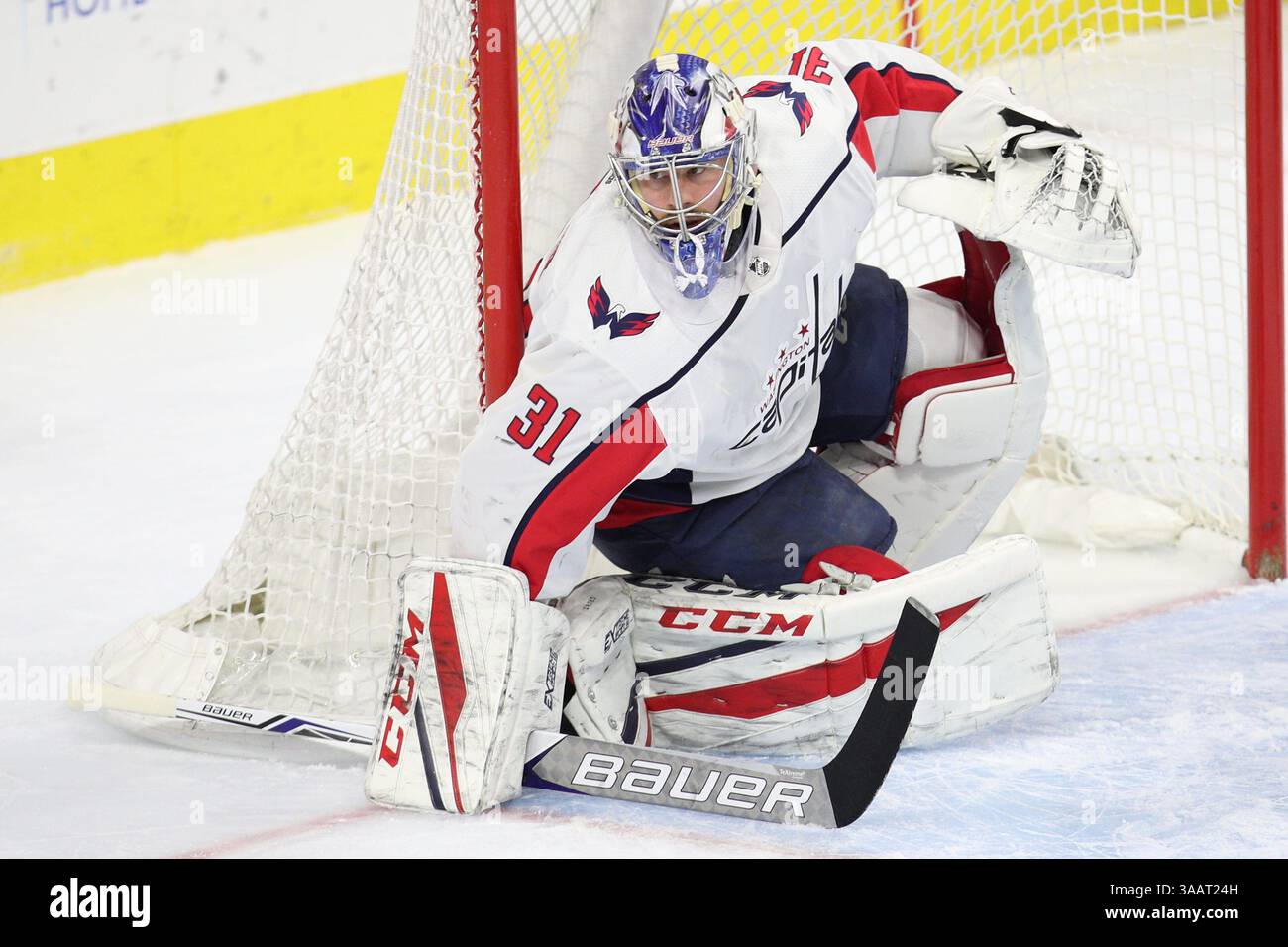 18. März 2018: Der Torhüter Philipp Grubauer (31) der Washington Capitals im NHL-Spiel zwischen den Washington Capitals und den Philadelphia Flyers im Well Fargo Center in Philadelphia, Pennsylvania. Christopher SzagolaCal Sport Media (Kreditbild: &Copy; Chris Szagola/CSM via ZUMA Wire) Stockfoto