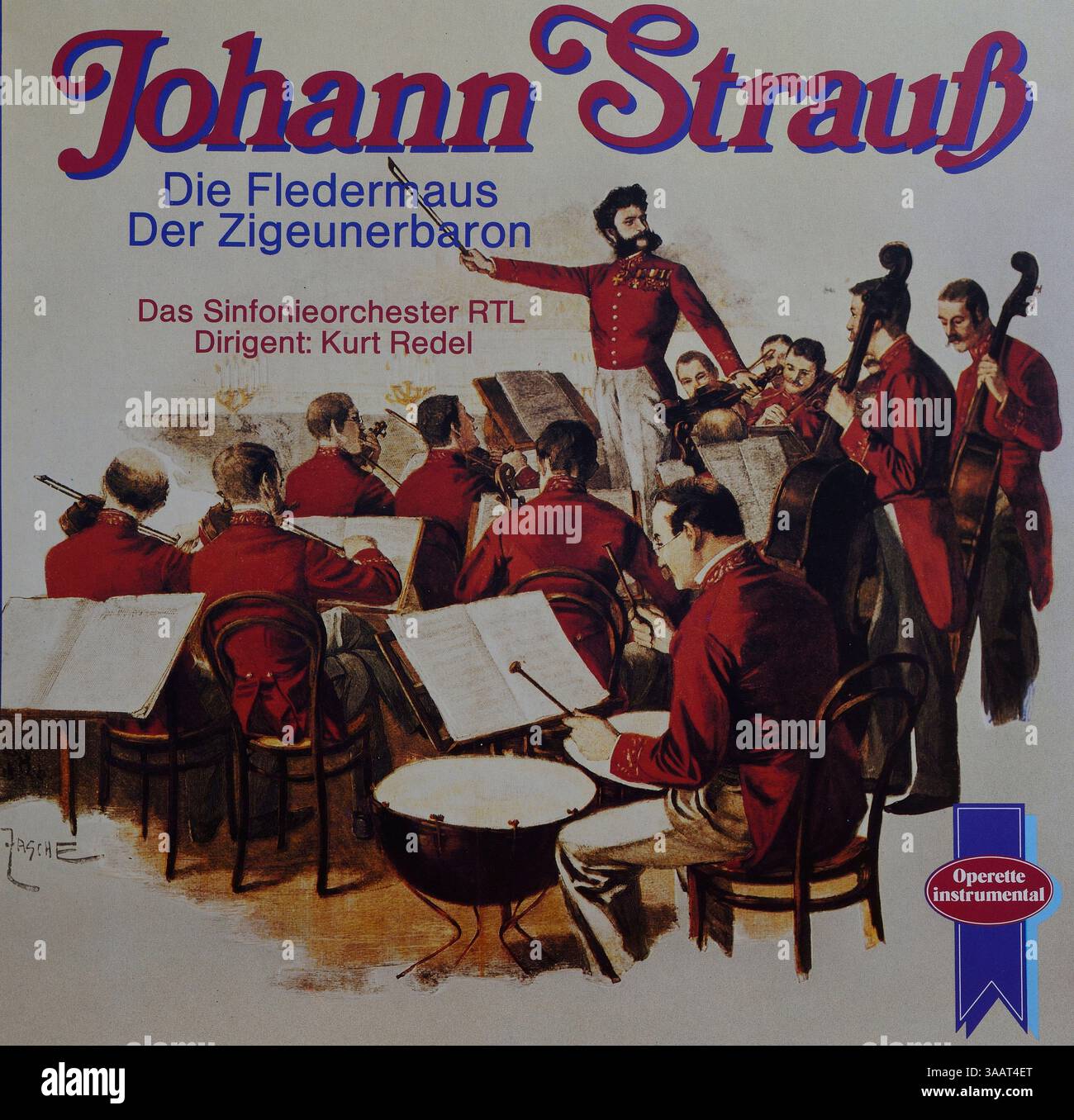 Vinylcover, Johann Strauss, die Fledermaus, der Zigeunerbaron, das RTL Symphony Orchestra, Dirigent Kurt Redl, 1981 Stockfoto