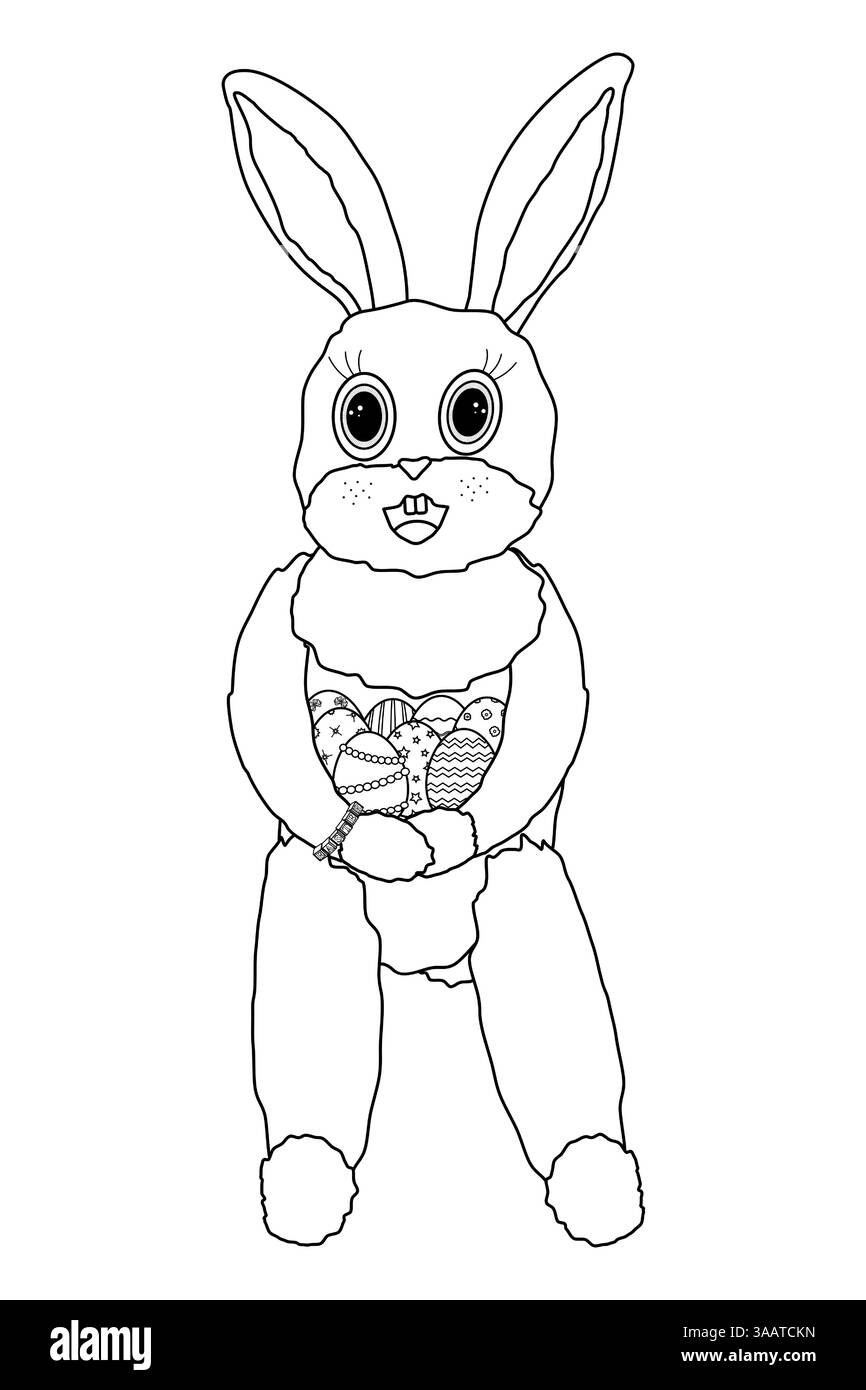 Schwarz-weiße Malseite mit einem entzückenden Osterhasen mit einer Sammlung dekorierter Ostereier. Perfekt für Urlaubsspaß. Stock Vektor