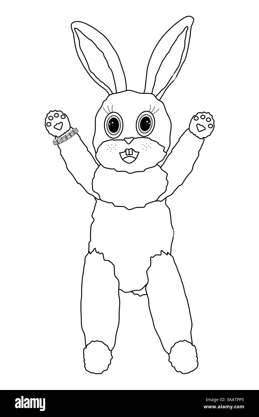 Schwarz-weiße Umrisse eines niedlichen Osterhasen mit hochgezogenen Pfoten. Perfekt zum Ausmalen von Seiten, zum Spaß an Feiertagen und zum Thema Tiere. Stock Vektor