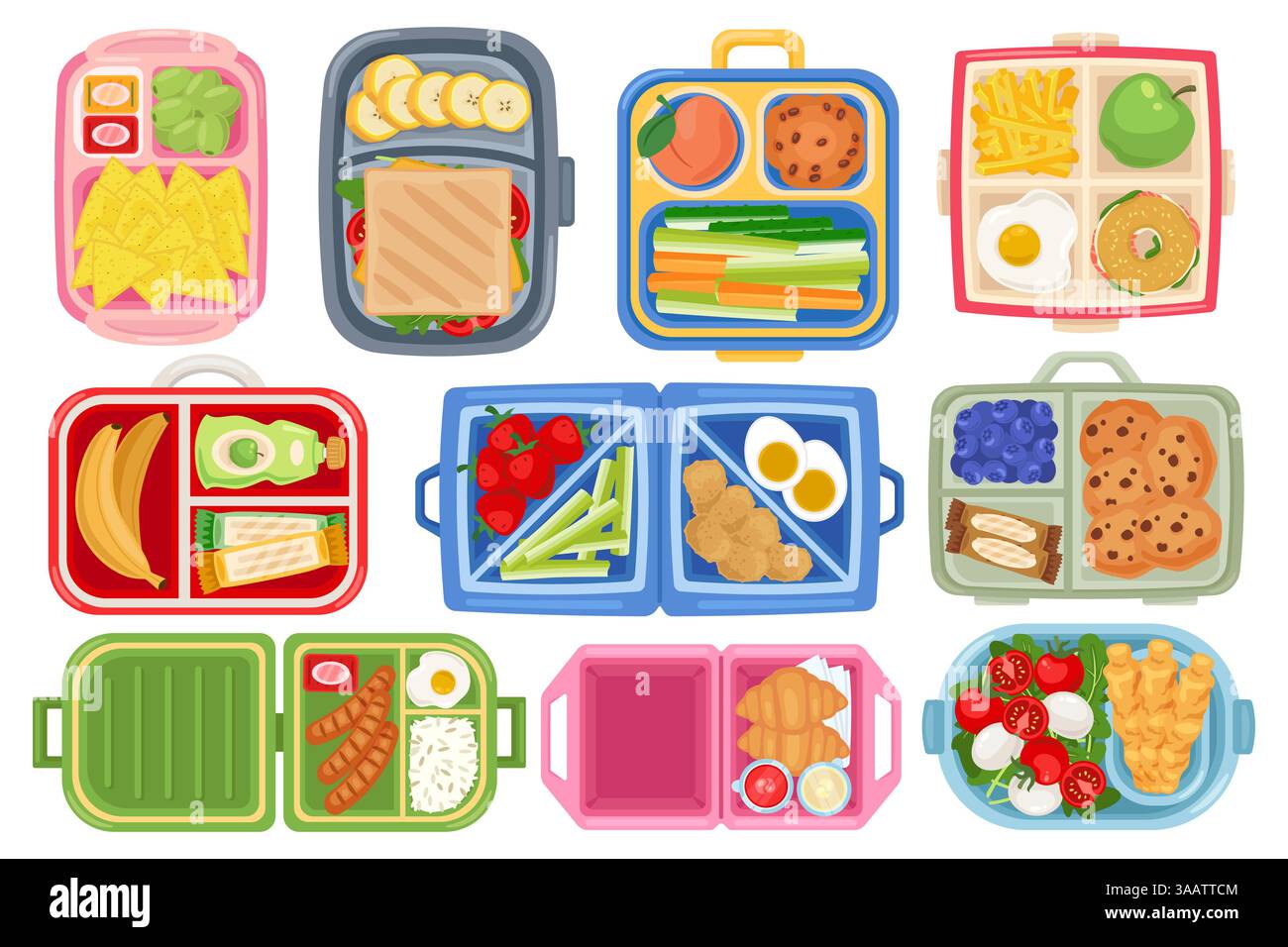 Mittagsboxen von oben. Kinderschulbehälter mit Essen, Sandwich zum Mittag- und Frühstück, Snack zwischen den Unterrichtsstunden, Gemüse, Obst, Zeichentrickfilm Stock Vektor