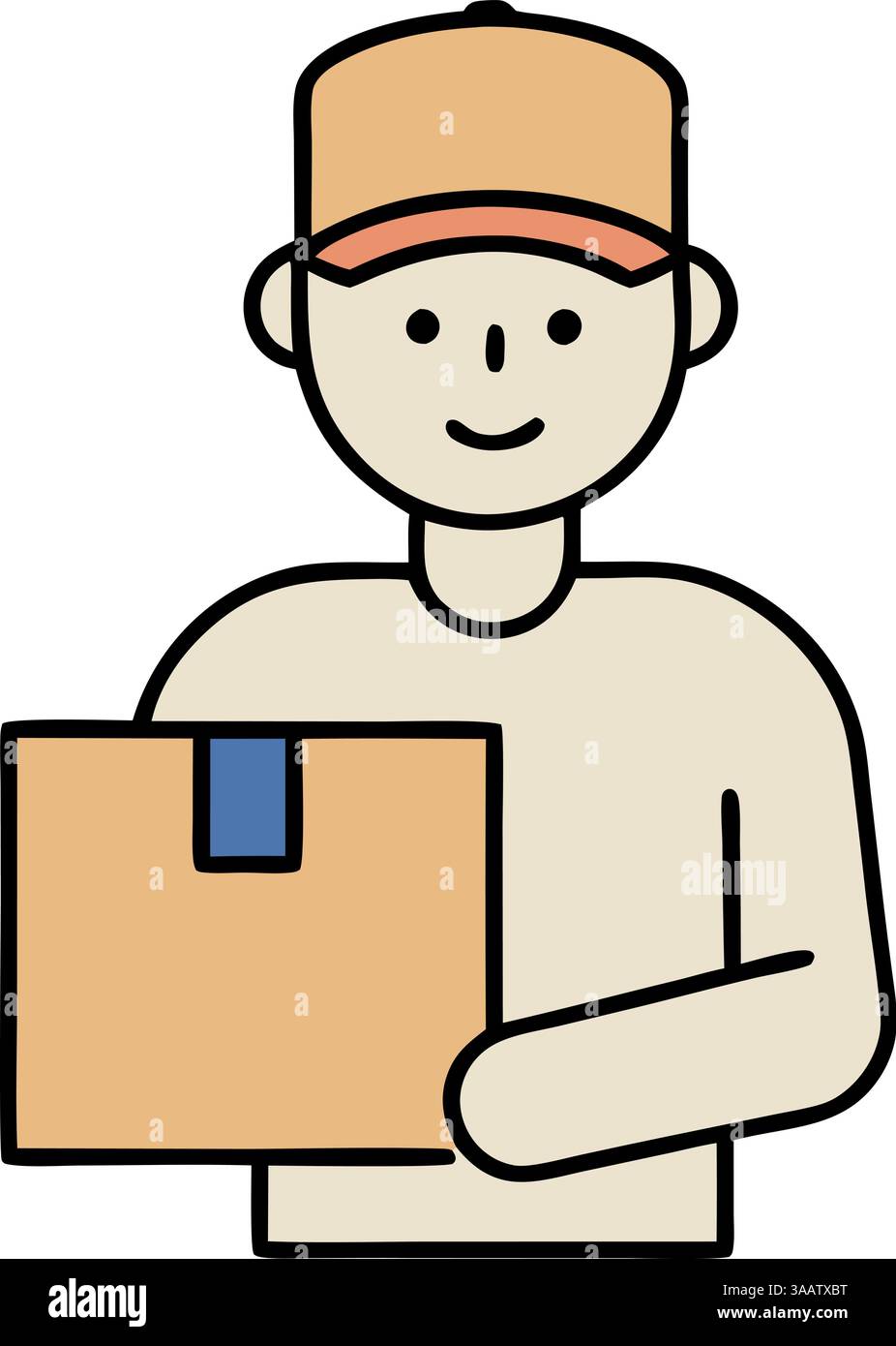 Lächelnder Lieferarbeiter, der eine Kiste hält. Stock Vektor