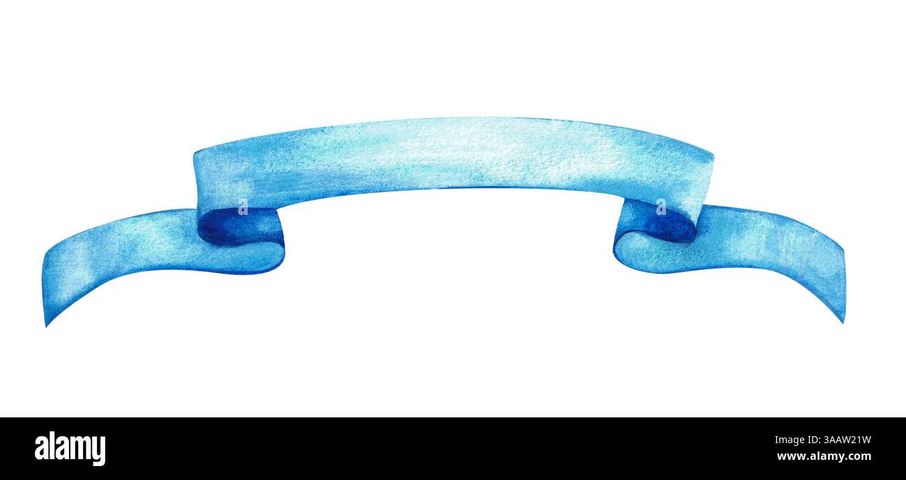 Blaues Farbband, Banner Stoff oder Papierbanner für die Party. Handgezeichnete Illustration, leeres Manuskript für Text. Vorlage für festliche Veranstaltungen Stockfoto