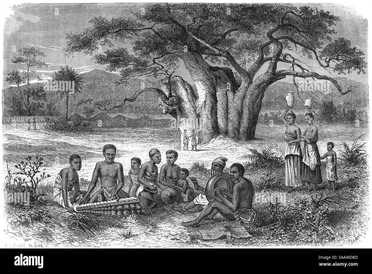Afrikanische Musiker spielen Marimba oder Malimba unter Baobab Tree, Tonga People, alias Batonga (Cafres, Zulus oder Landines) am rechten Ufer des Sambesi, Sambesi oder Sambeze River, Sambia oder Simbabwe Afrika. Vintage oder historische Gravur oder Illustration 1866 Stockfoto