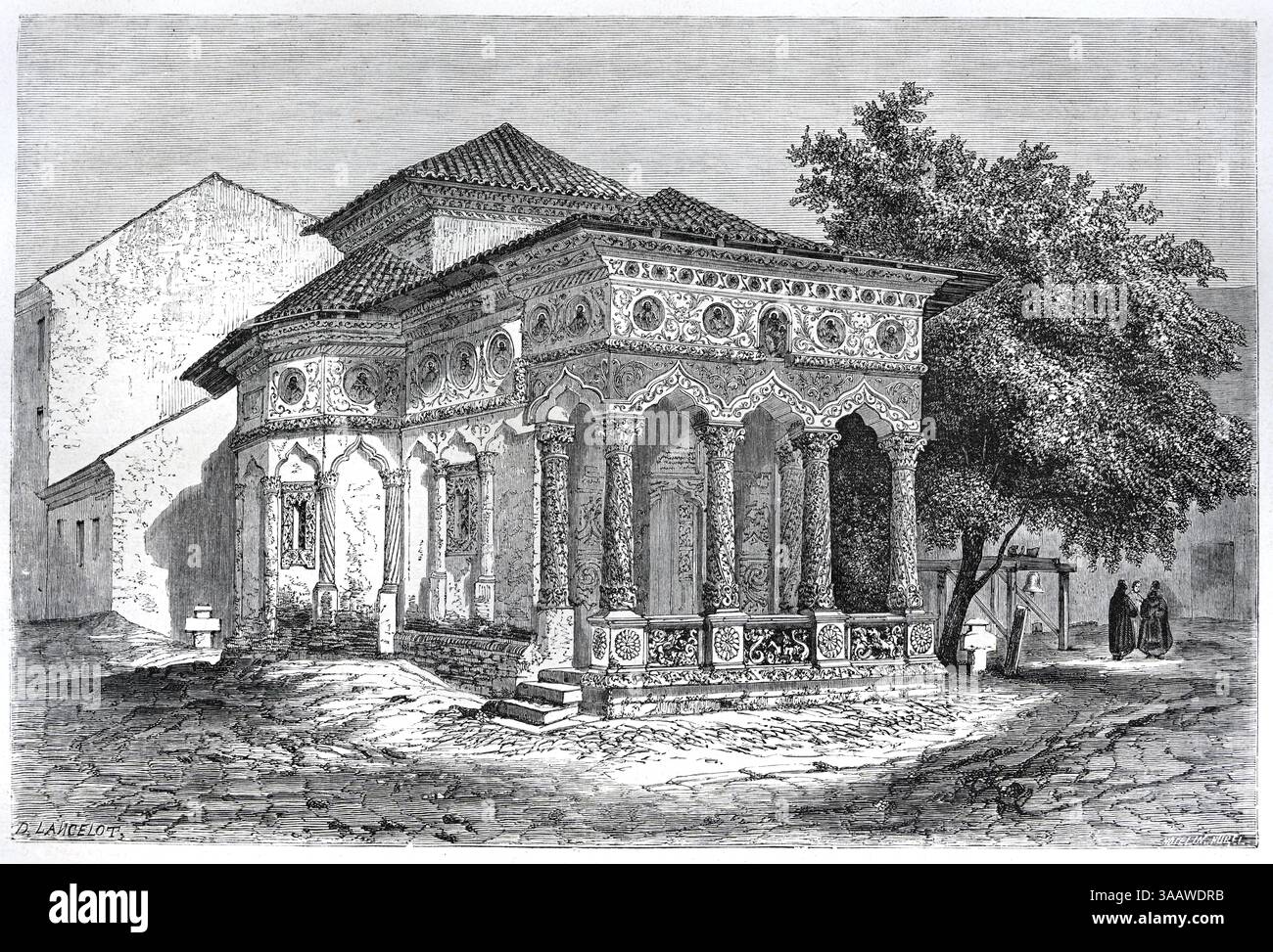Stavropoleos Kloster oder Kirche von Stavropoleos (f. 1724), ein ostorthodoxes Kloster in Bukarest Rumänien. Vintage oder historische Illustration oder Gravur 1866 Stockfoto