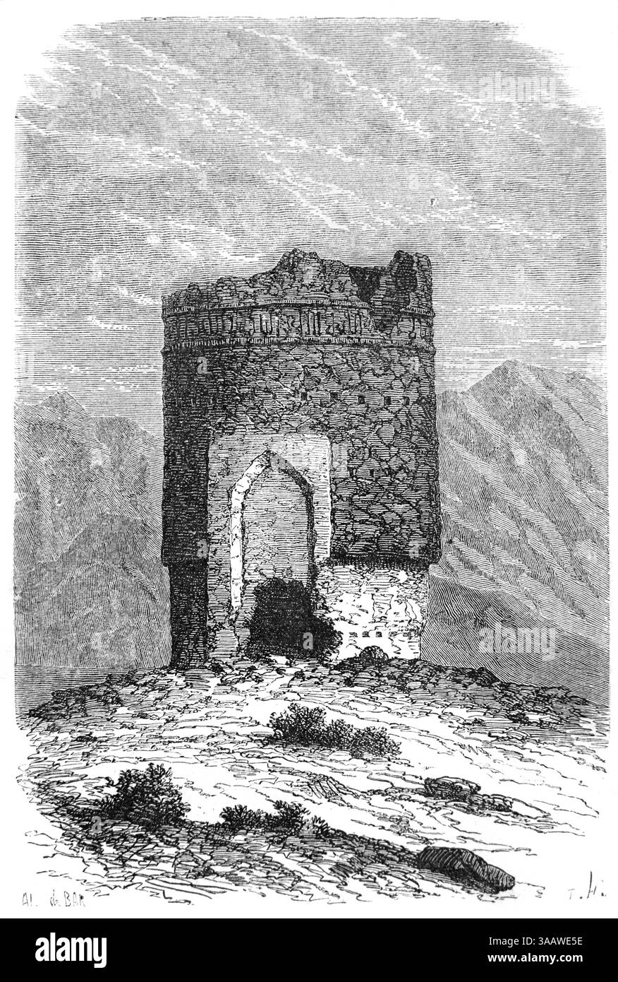 Ruine Turm von Naghere-Khane, oder Grab, außerhalb der alten Stadtmauern von Ray oder Rey, historisch Rhages, Rhagae oder Arsacia, Teheran Iran. Vintage oder historische Gravur oder Illustration 1866 Stockfoto