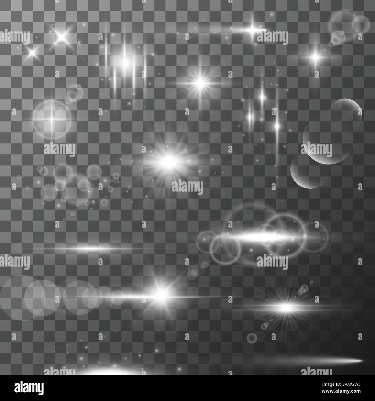 Sammlung verschiedener heller Lichteffekte. Lichter, Strahlen, Sterne und Funkeln mit Bokeh-Kollektion. Vektor-transparenter Lichteffekt Stock Vektor