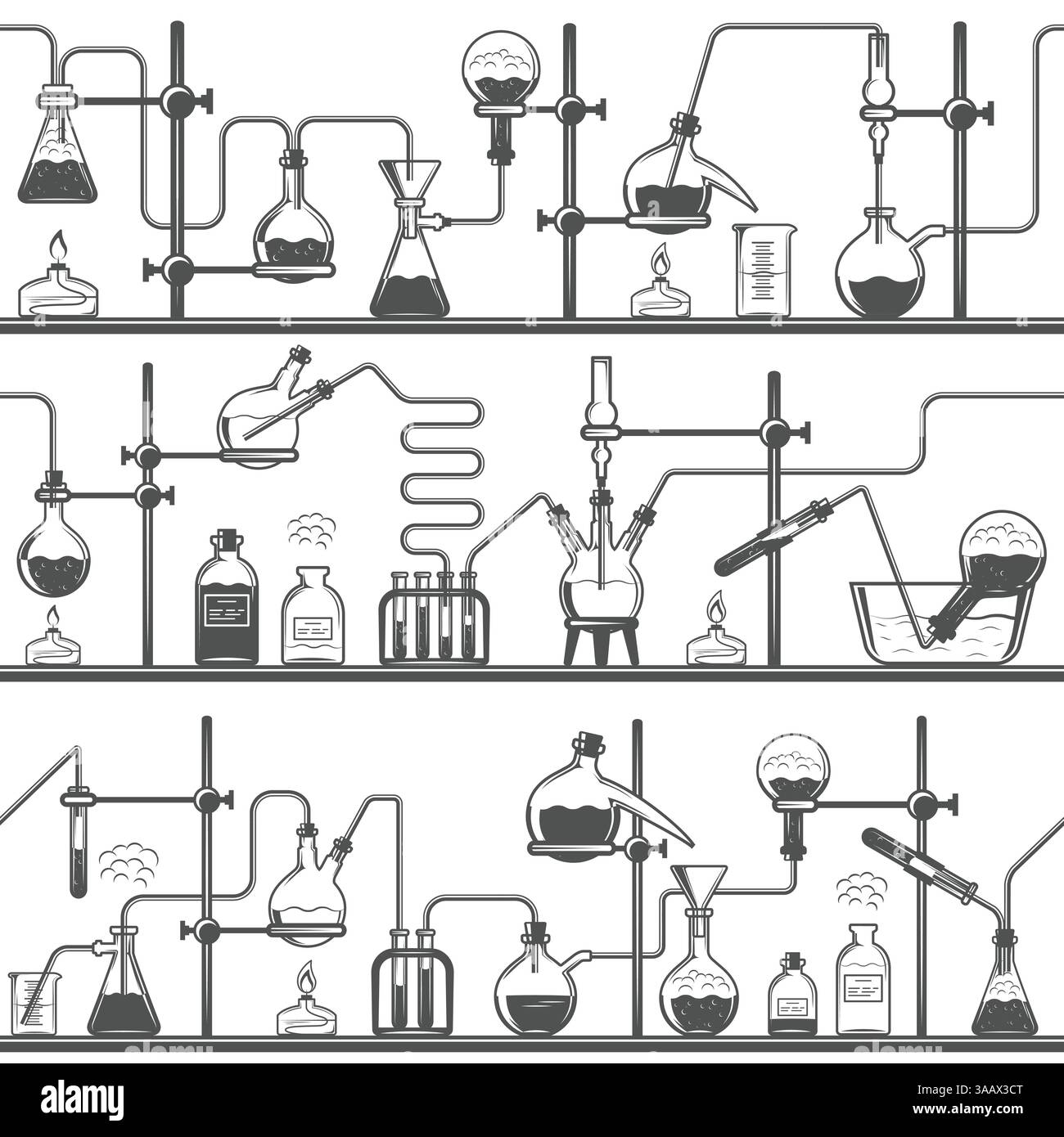 Nahtloses Chemiemuster mit Formeln und Laborgeräten. Wissenschaftsvektor-Hintergrund Stock Vektor
