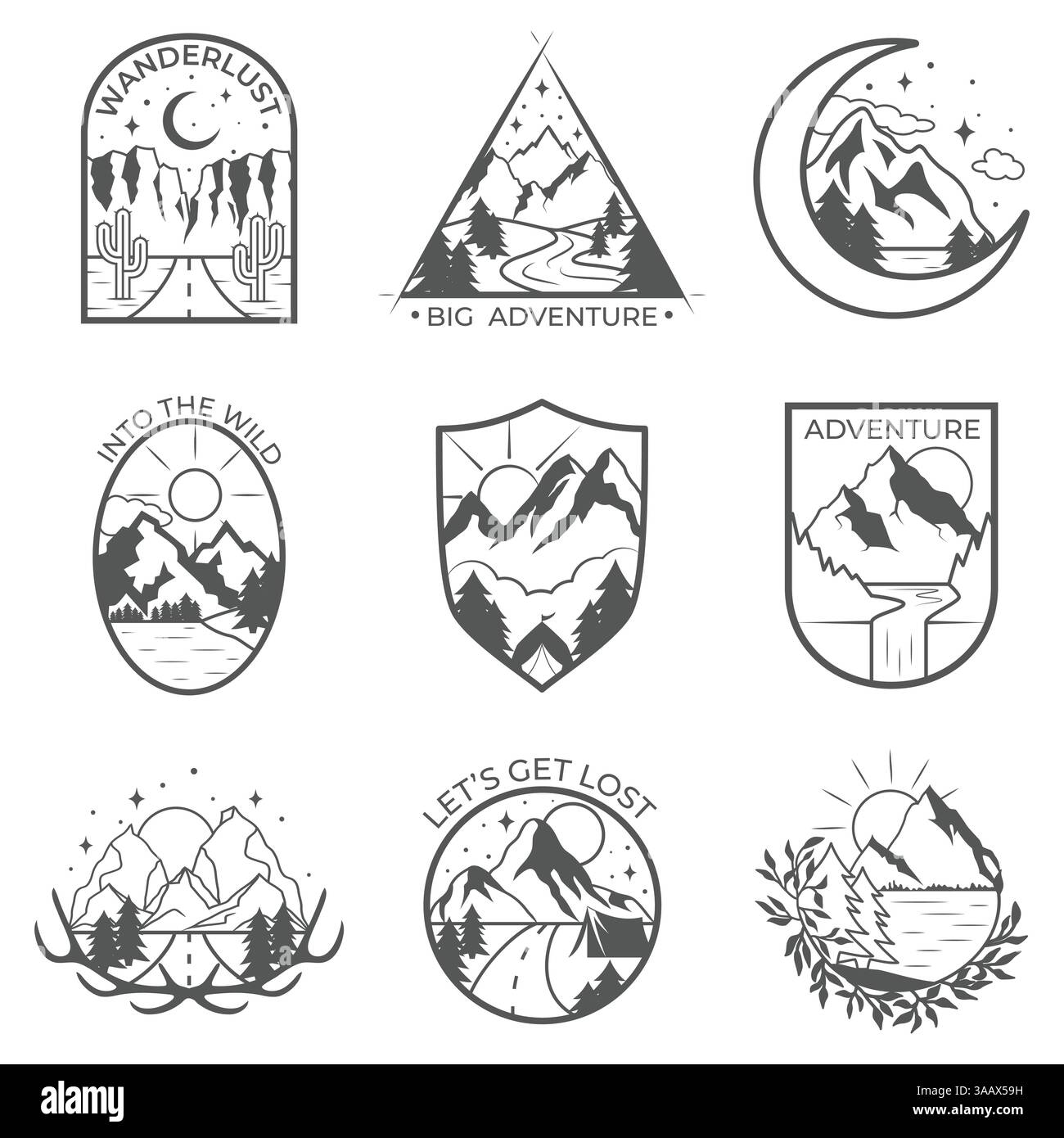 Set aus neun Vektorabzeichen für Berge und Outdoor-Abenteuer. Vektorvorlagen und Abzeichen mit Bergen, Bäumen, Zelt Stock Vektor