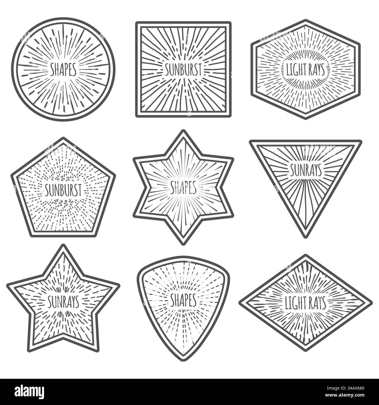 Logos im Vintage-Stil mit Sonnenschliff. Neun illustrierte Sonnenstrahlen-Elemente. Vector Vintage-Rahmen, Formen und Designelemente Stock Vektor