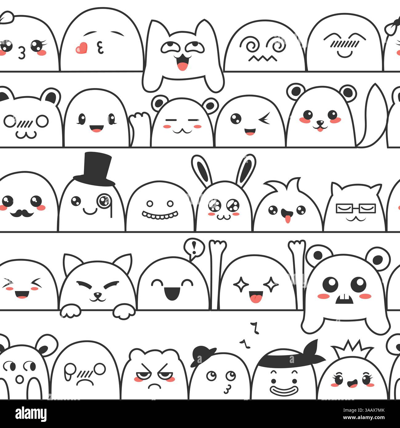 Nahtloses Muster mit niedlichen, hübschen Kawaii-Monstern und Tieren. Kritzeln Sie Karikaturwolken mit Gesichtern im Manga-Stil. Süßes Emoticon Emoji handgezeichnetes Charact Stock Vektor