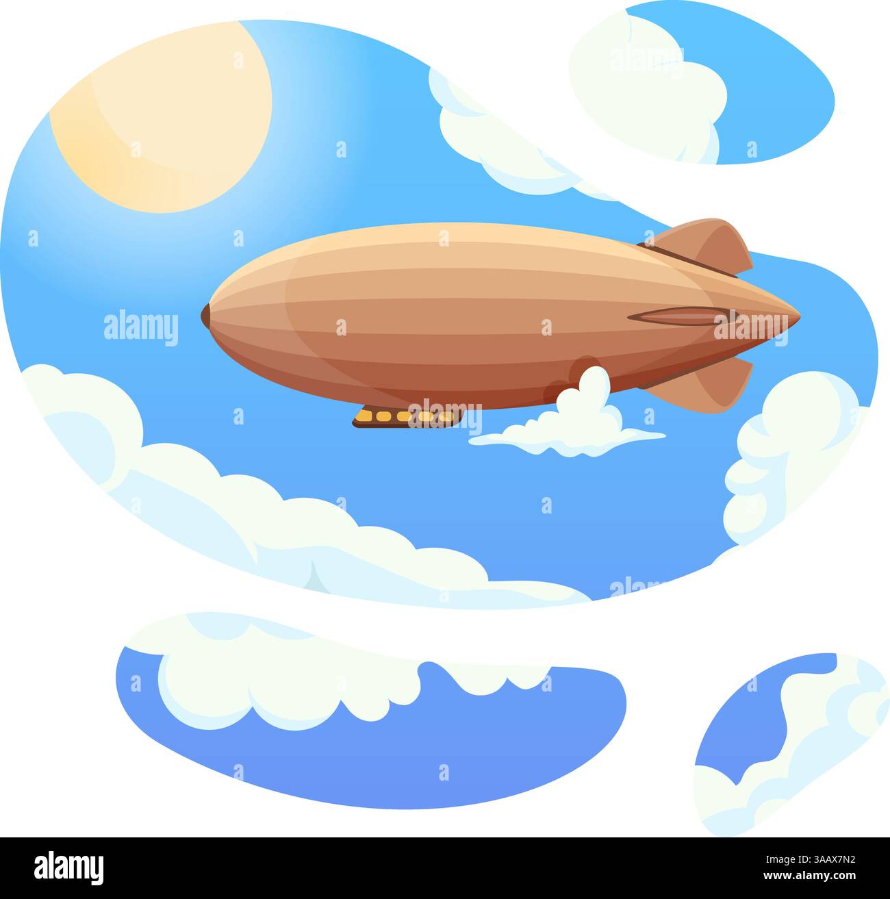 Luftschiff in blauem Himmel und Wolken. Vintage Vektor Luftschiff Zeppelin. Beweglicher Ballon Stock Vektor