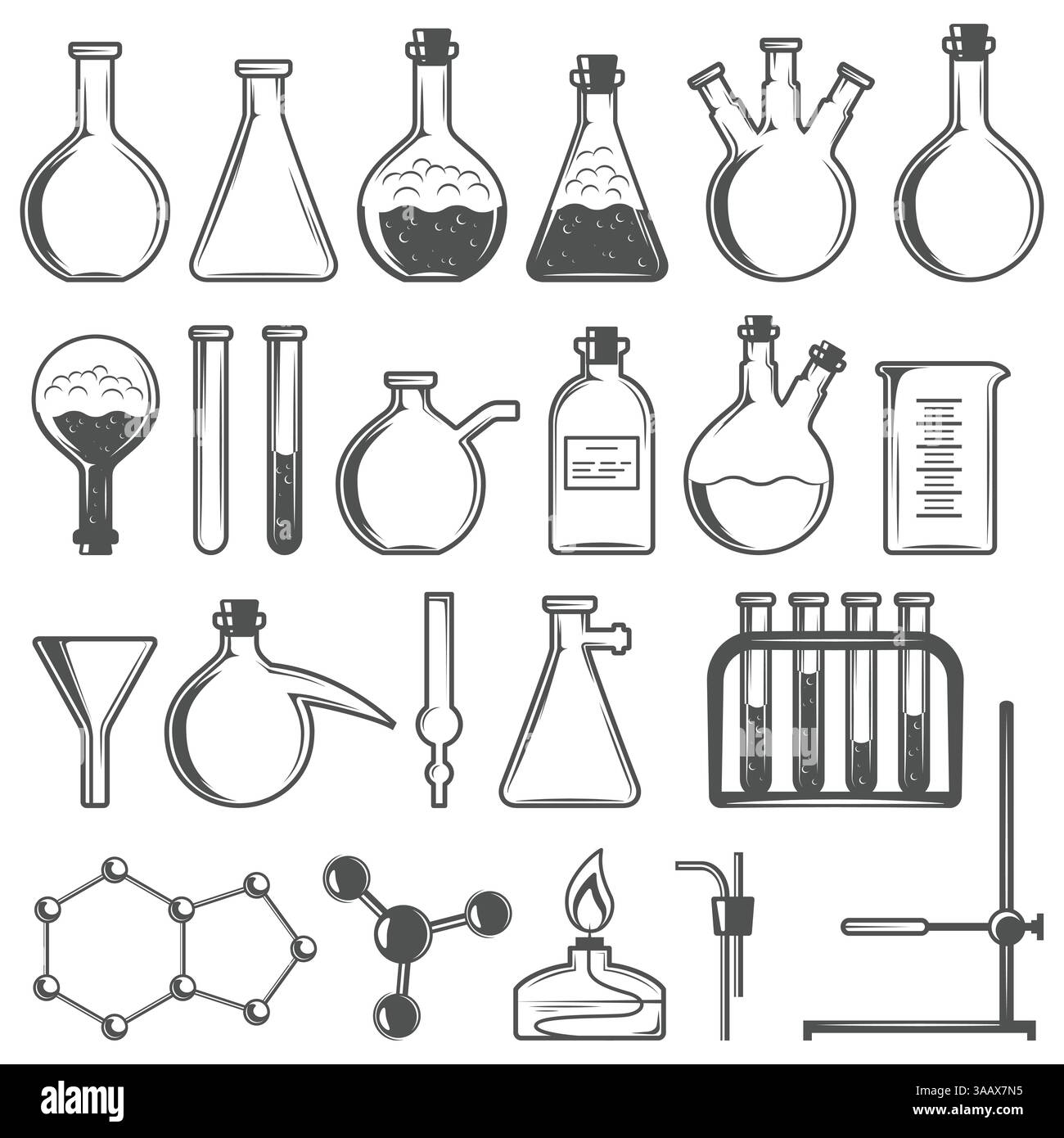 Set von Laborforschungselementen mit Kolben, Röhrchen und Molekularstruktur. Symbole für chemische Reagenzgläser Illustrationsvektor Stock Vektor