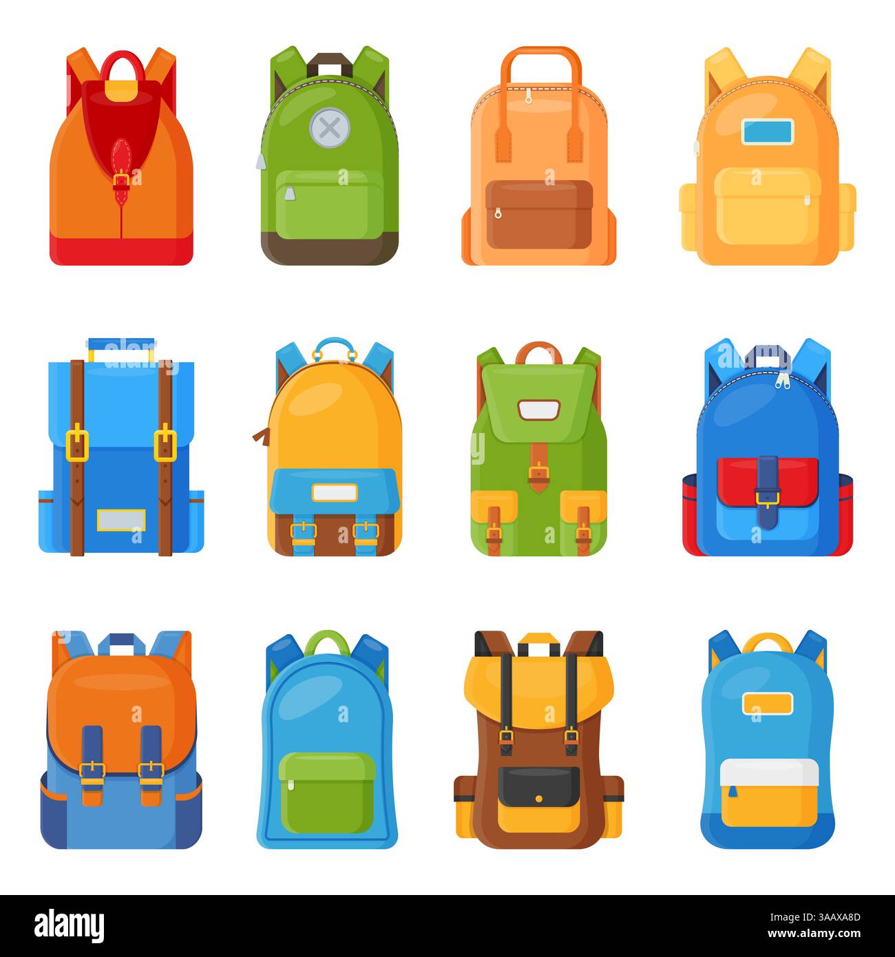 Set mit zwölf farbigen Vektorrucksäcken für die Schule. Unterrichts- und Lernsammlung, zurück zur Schule, Schultasche, Rucksack Stock Vektor