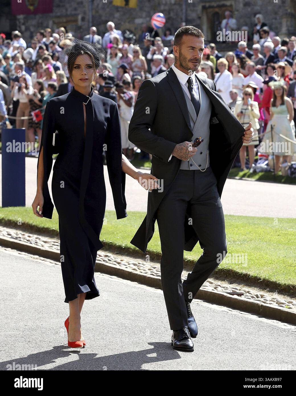 19. Mai 2018 - Windsor, GROSSBRITANNIEN - David und Victoria Beckham kommen zur Hochzeitszeremonie von Prinz Harry und Meghan Markle in der St. George's Chapel in Windsor Castle in Windsor, in der Nähe von London, England, Samstag, 19. Mai. 2018. (Bild: © Prensa Internacional Via ZUMA Wire) Stockfoto
