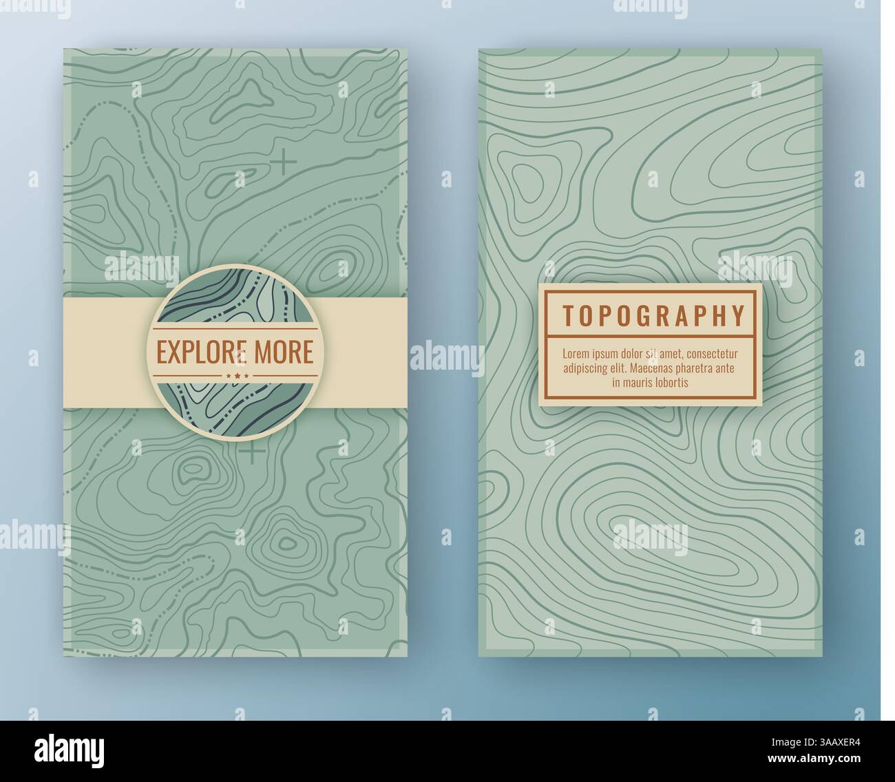 Zwei abstrakte vertikale Retro-Banner mit Kartenmuster und Frames zum Kopieren von Leerzeichen. Vektorhintergrund der topografischen Kartenverschiebung. Kartenmuster mit Bergtextur Stock Vektor