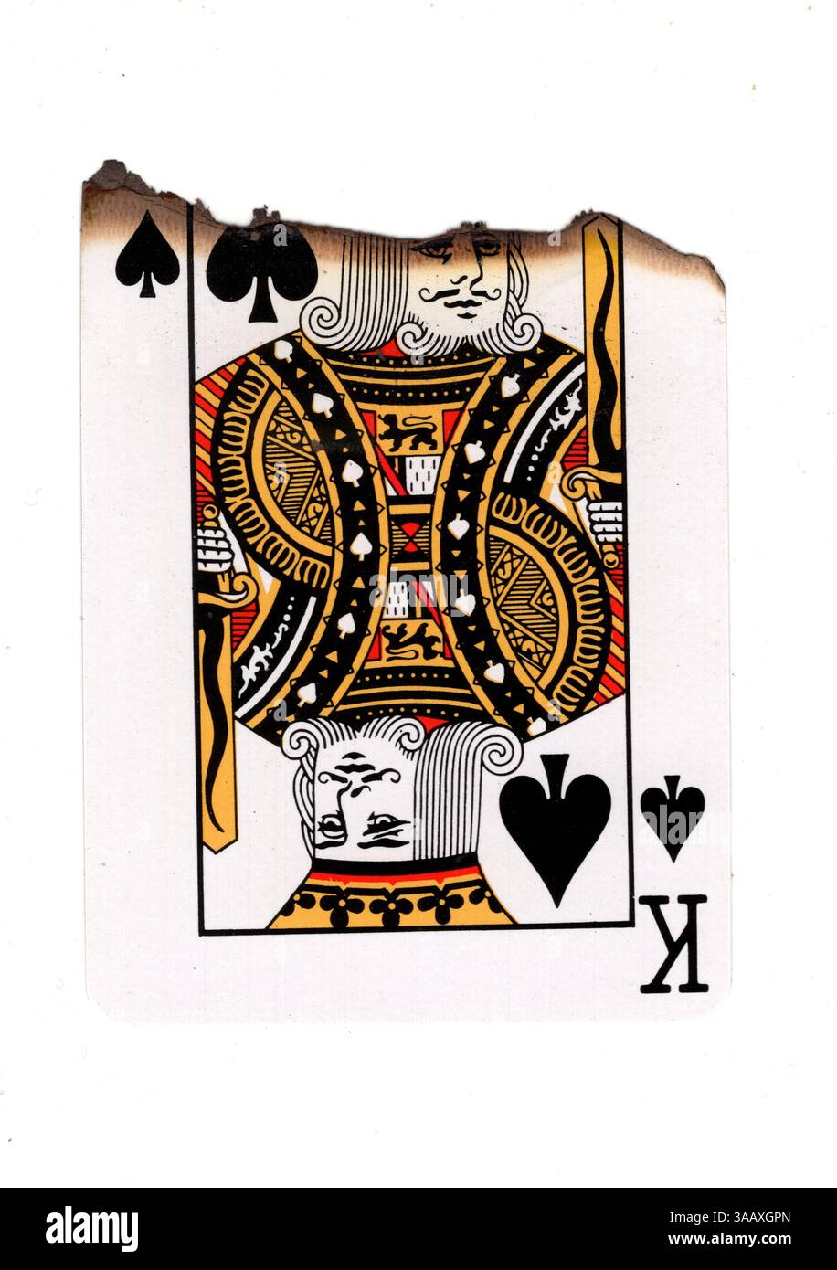 Eine teilweise verbrannte Spielkarte im Pik-Anzug auf weißem Hintergrund. Stockfoto