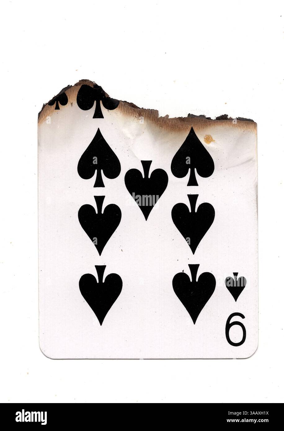 Eine teilweise verbrannte Spielkarte im Pik-Anzug auf weißem Hintergrund. Stockfoto