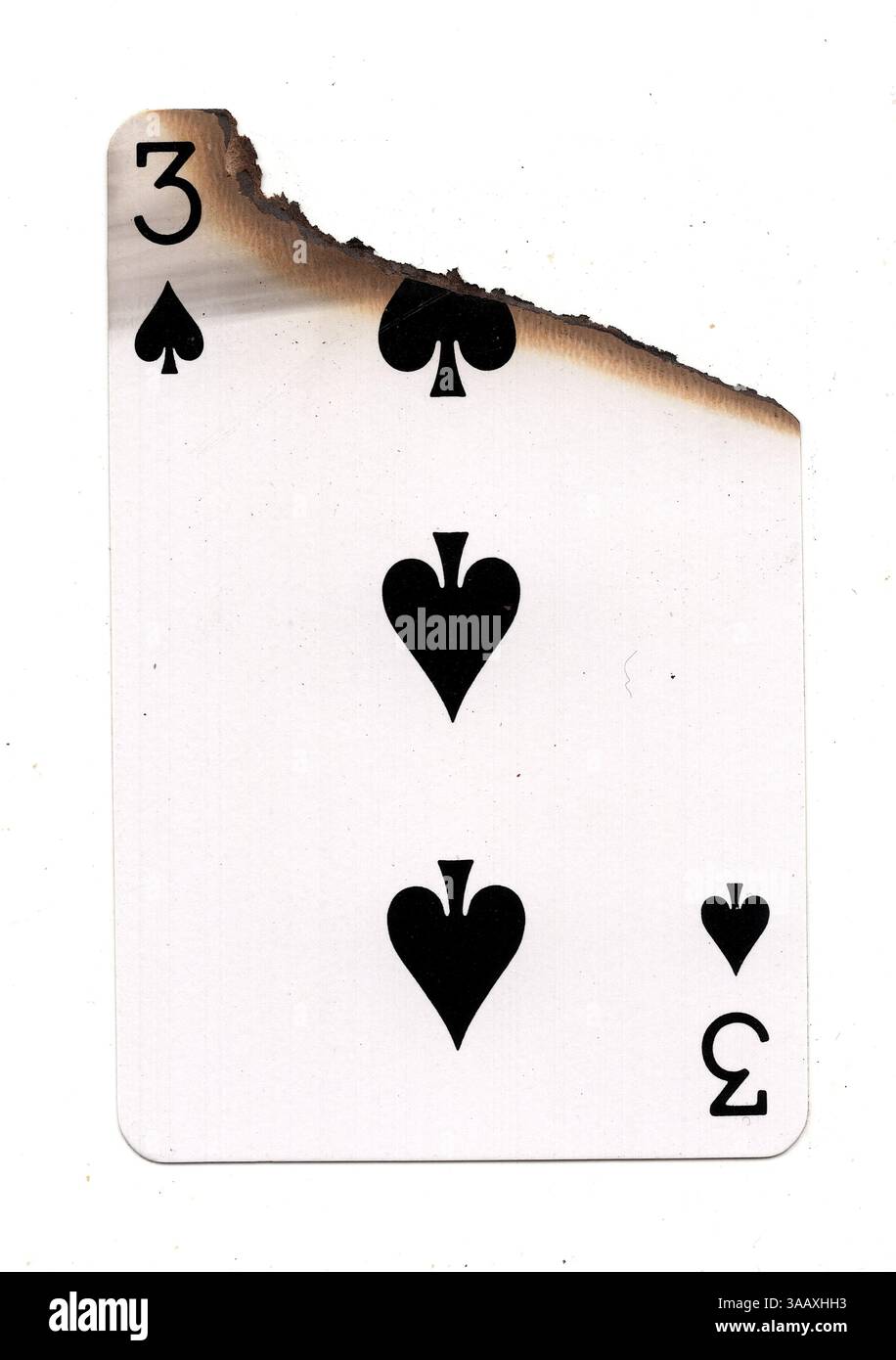 Eine teilweise verbrannte Spielkarte im Pik-Anzug auf weißem Hintergrund. Stockfoto
