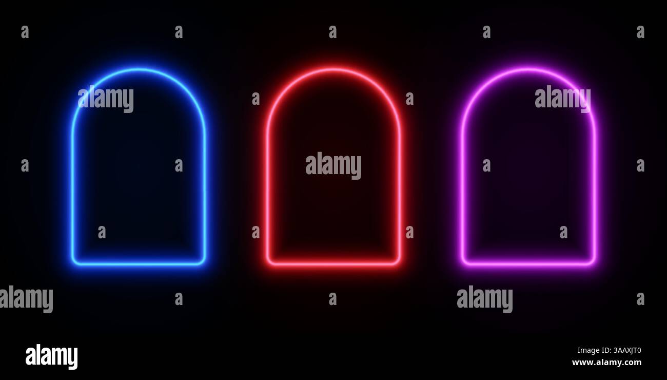 Neonbogenleuchte. LED-Rahmentür auf dunklem Hintergrund. Portalrand in Blau, Rot und Violett. Vektorsatz mit leeren fluoreszierenden Vorlagen für Spiele. Stock Vektor