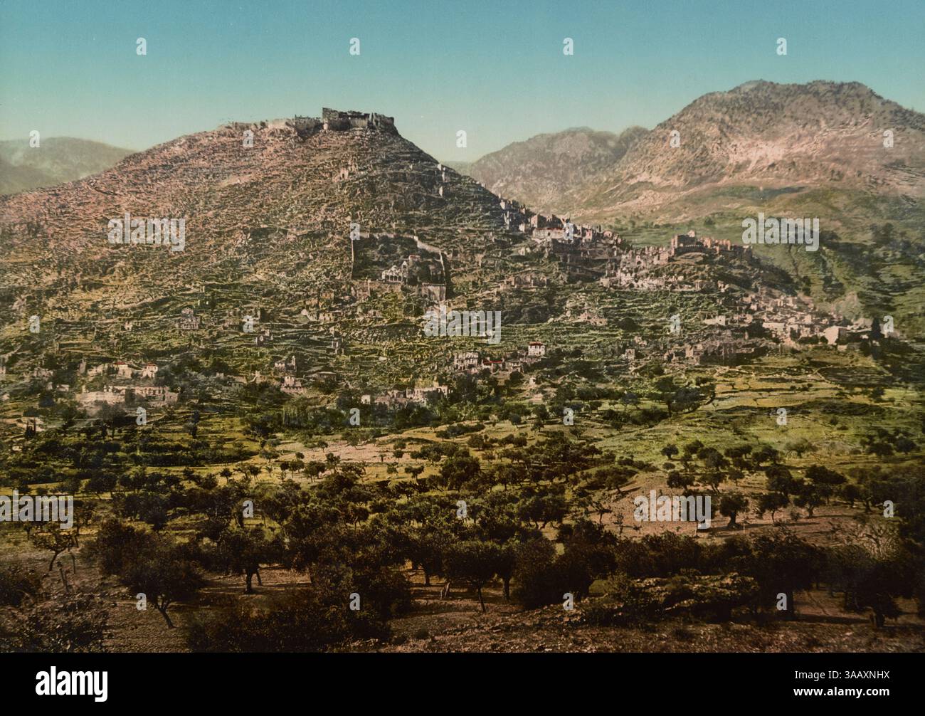 Fotochrom-Druck der Stadt Mystras in der Nähe des antiken Sparta, Griechenland. Stockfoto