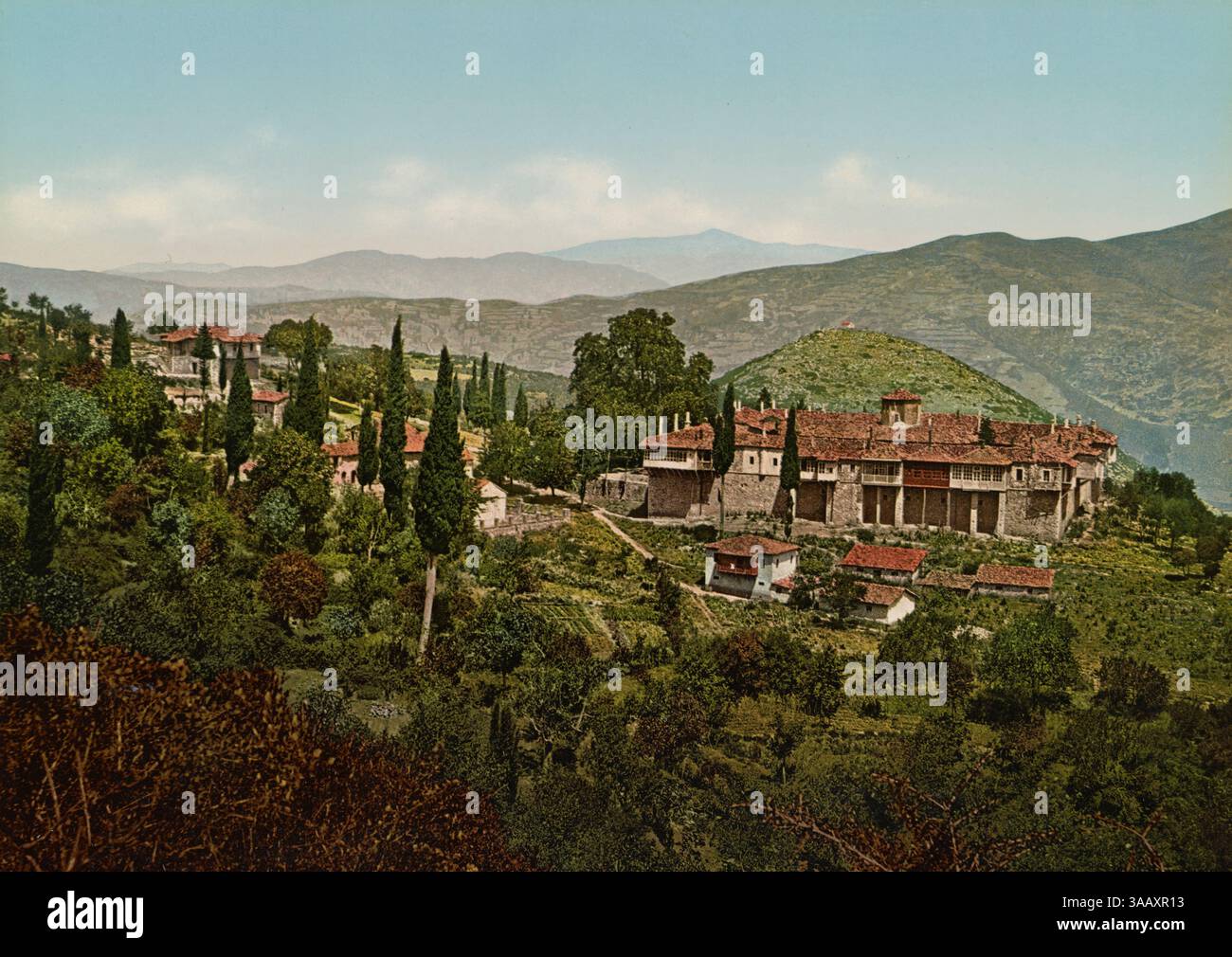 Fotochromdruck des Klosters von Agia Lavra in der Nähe von Kalavryta, Achaea, Griechenland. Stockfoto