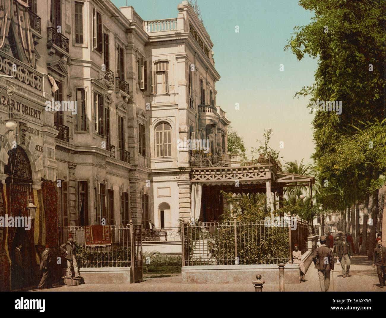 Fotochrom von Bazar d'Orient und The Shepheard's Hotel in Kairo, Ägypten. Stockfoto