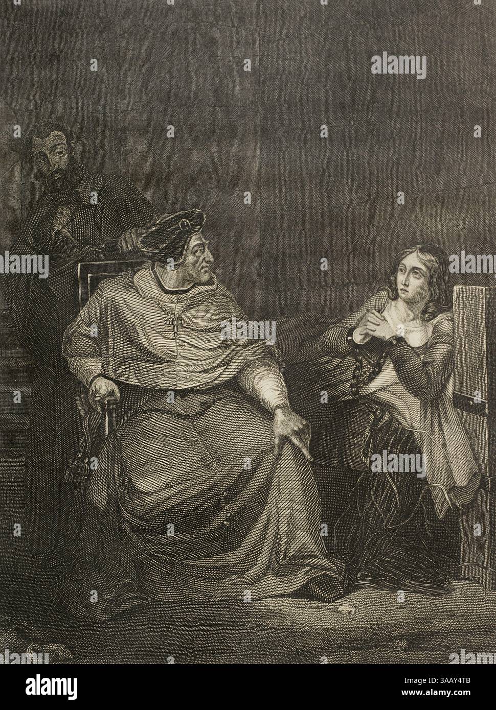 Die Heilige Jeanne d'Arc (1412–1431), die so genannte Maid von Orleans. Französische Heldin. Sie wurde am 30. Mai 1431 auf dem Scheiterhaufen bei lebendigem Leib verbrannt. 1909 seliggesprochen und 1920 heilig gesprochen. Am 3. Januar 1431 wurden Anklagen gegen Jeanne d'Arc erhoben, unter anderem wegen Ketzerei, Apostasie, Götzendienst, Hexerei und Männerverkleidung. Das Tribunal wurde von Pierre Cauchon, Bischof von Beauvais, ernannt. Der Prozess fand ab dem 21. Februar 1431 in der Burg Rouen statt, wobei Joan in Ketten und Fesseln gefangen gehalten wurde, einem Anwalt beraubt wurde und sich verteidigen musste. Die meisten Sitzungen fanden in ihm statt Stockfoto