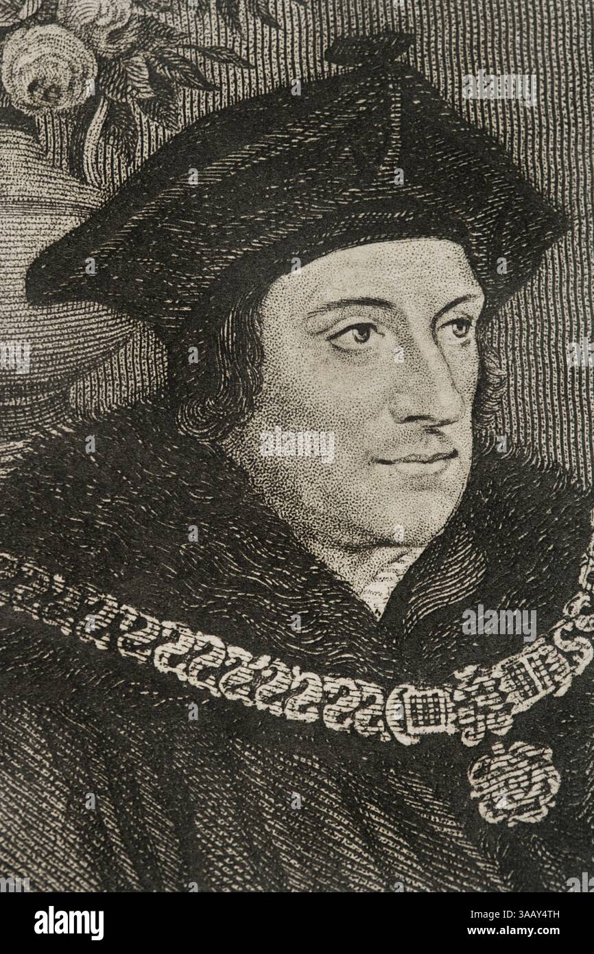 Thomas More (1478-1535). Englischer Philosoph, Theologe, Humanist, Schriftsteller und Gelehrter. Am 6. Juli 1535 hingerichtet, wegen Hochverrats beschuldigt, weil er sich weigerte, den Bruch der Kirche von England von der katholischen Kirche von Rom zu unterstützen. Hochformat. Gravur. Details. Historia de las persecuciones Políticas y religiosas en Europa (Geschichte der politischen und religiösen Verfolgungen in Europa). Band II. Veröffentlicht in Barcelona, 1864. Stockfoto