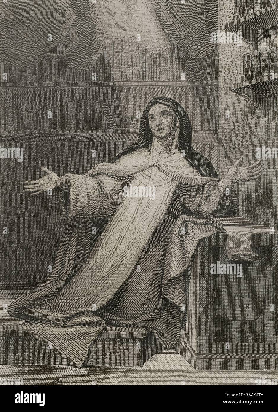 Heilige Teresa von Jesus (Teresa von Avila) (1515-1582). Die spanische Nonne, die Gründerin des Ordens der Unbeschauten Karmeliten. Mystiker und Schriftsteller. Gravur. Historia de las persecuciones Políticas y religiosas en Europa (Geschichte der politischen und religiösen Verfolgungen in Europa). Band II. Veröffentlicht in Barcelona, 1864. Stockfoto