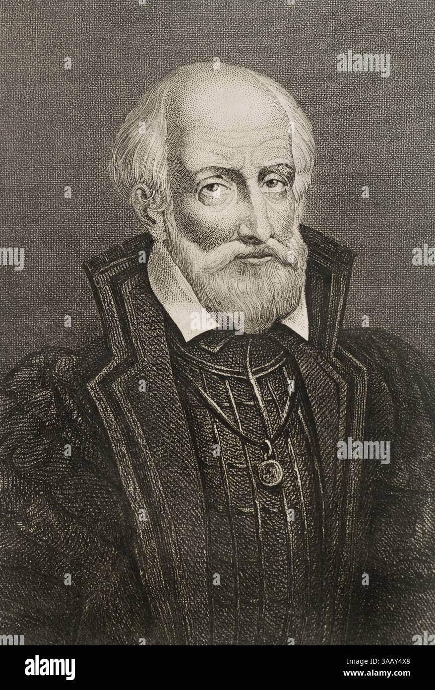 Gaspard de Coligny (1519-1572). Französischer Adliger und Admiral von Frankreich. Hugenottenführer während der Französischen Religionskriege. Hochformat. Gravur. Historia de las persecuciones Políticas y religiosas en Europa (Geschichte der politischen und religiösen Verfolgungen in Europa). Band II. Veröffentlicht in Barcelona, 1864. Stockfoto