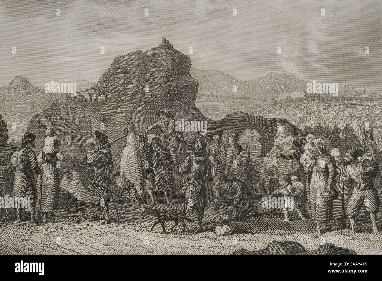 Geschichte Spaniens. Vertreibung der Moriscos aus dem Königreich Granada (1570-1584). Die Moriskos waren Christen muslimischer Herkunft, die nach der Eroberung der muslimischen Königreiche durch die christlichen Halbinsel gezwungen waren, zum Christentum zu konvertieren. Kupferstich von J. Furnó. Historia de las persecuciones Políticas y religiosas en Europa (Geschichte der politischen und religiösen Verfolgungen in Europa). Band II. Veröffentlicht in Barcelona, 1864. Stockfoto