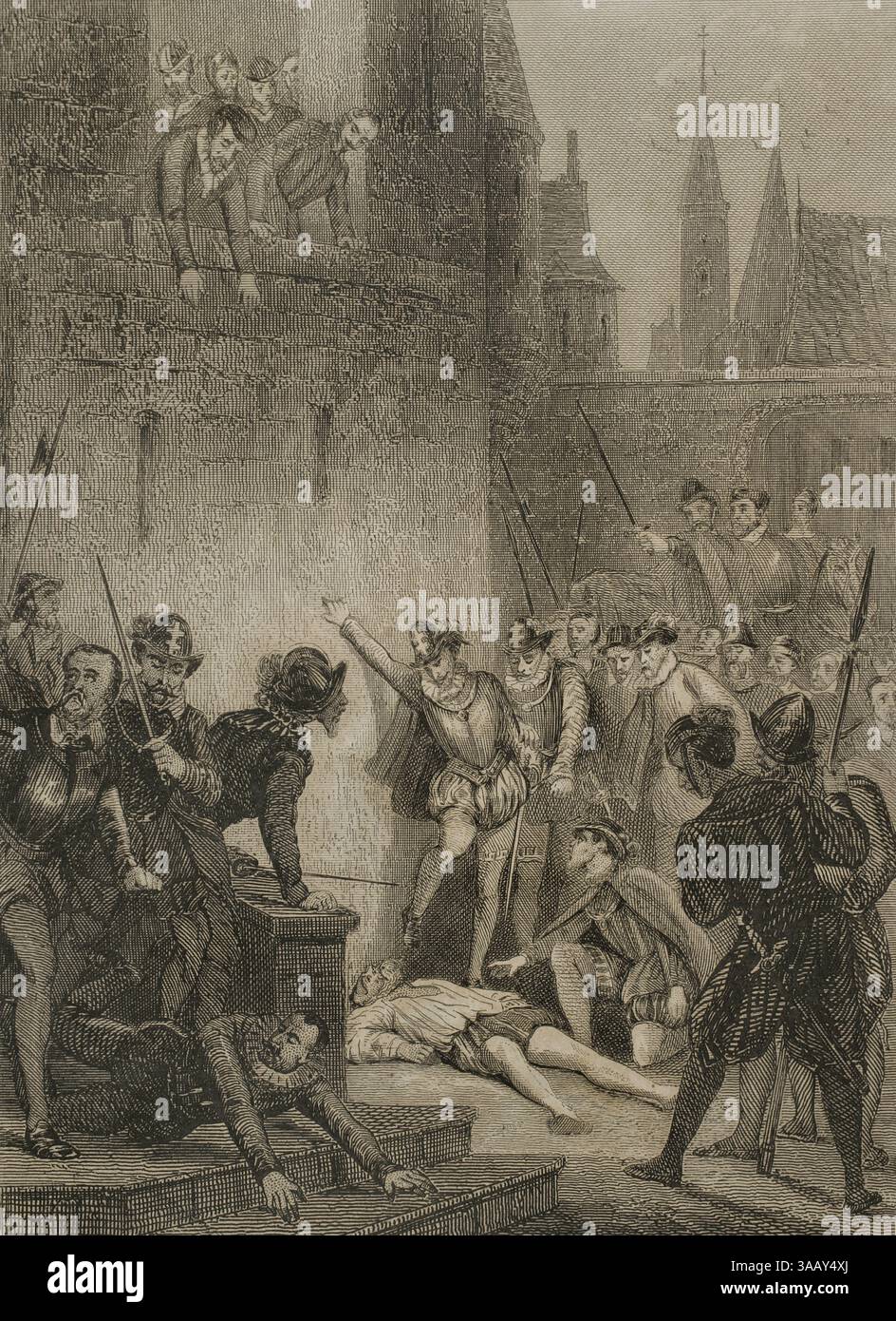 Gaspard de Coligny (1519-1572). Französischer Adliger und Admiral von Frankreich. Hugenottenführer während der Französischen Religionskriege. Er wurde am 24. August 1572 während des Massakers am Bartholomäus-Tag ermordet. Der Tod von Coligny. Gravur. Historia de las persecuciones Políticas y religiosas en Europa (Geschichte der politischen und religiösen Verfolgungen in Europa). Band II. Veröffentlicht in Barcelona, 1864. Stockfoto