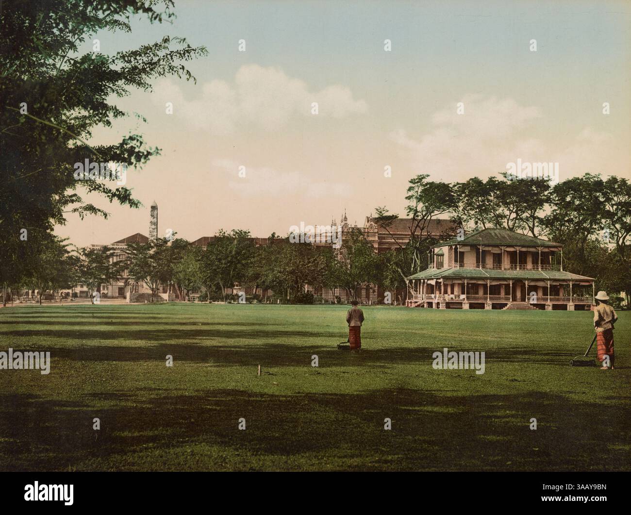 Fotochrom-Druck des Esplanade Cricket Club in Singapur. Stockfoto