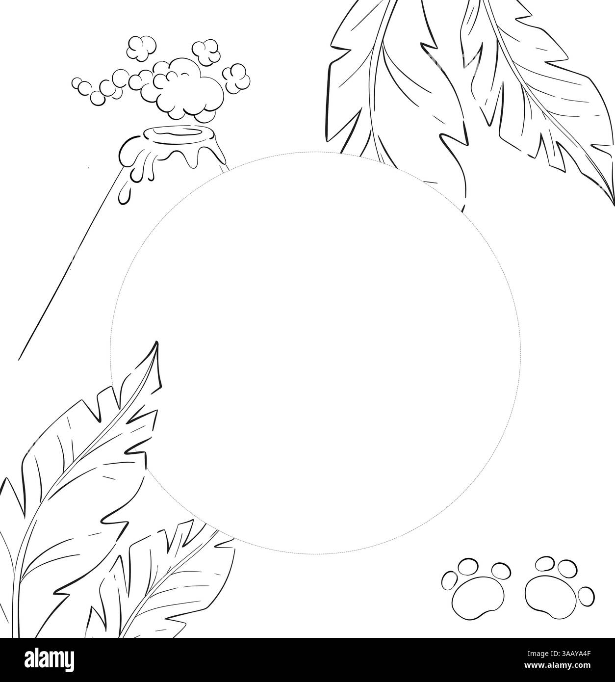 Jurassic Periode Vektorkreis Rahmen, Natur Hintergrund, Vektorelemente, Natur, schwarzer Vulkan, Handfläche im Cartoon-Stil Stock Vektor