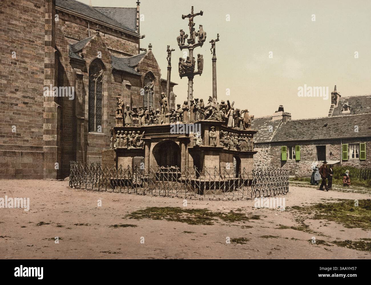 Vintage-Fotochromdruck des Kalvariums von Plougastel-Daoulas in Frankreich. Stockfoto