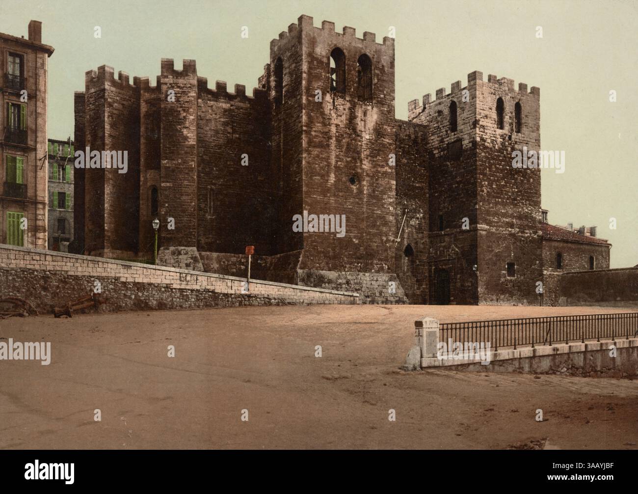 Vintage-Fotochromdruck der Abtei Saint-Victor in Marseille, Frankreich. Stockfoto