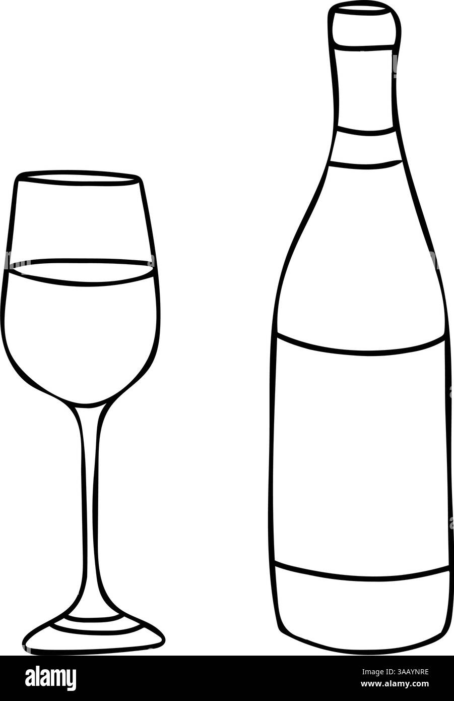 Weißweinflasche und Glas. Handgezeichnete Vektor-Illustration, Strichgrafik. Alkohol Getränk Gläser im Doodle Stil. Für Bar-Menü, Logo, Karten oder Poster Stock Vektor