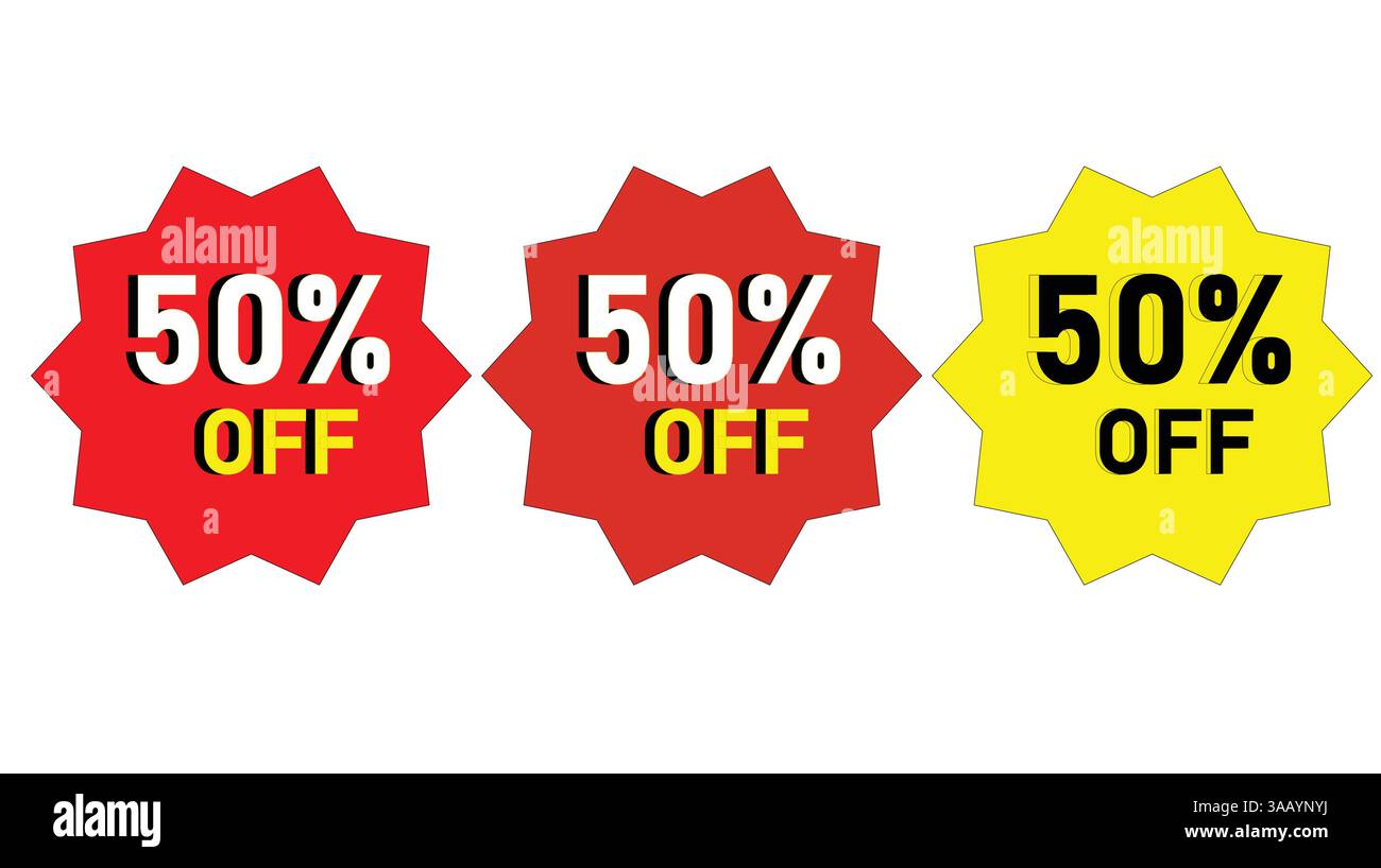 Rabattmarken 50 % Rabatt in roten und gelben Rabattetiketten 50 % Rabatt auf Verkäufe Stock Vektor