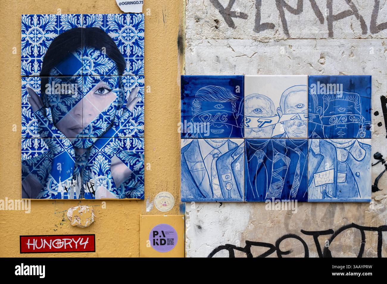 Portugal, Lissabon, Bezirk Bairro Alto, Straßenkunst auf Keramik der Künstler Ogringo.75 und Dacosta Stockfoto