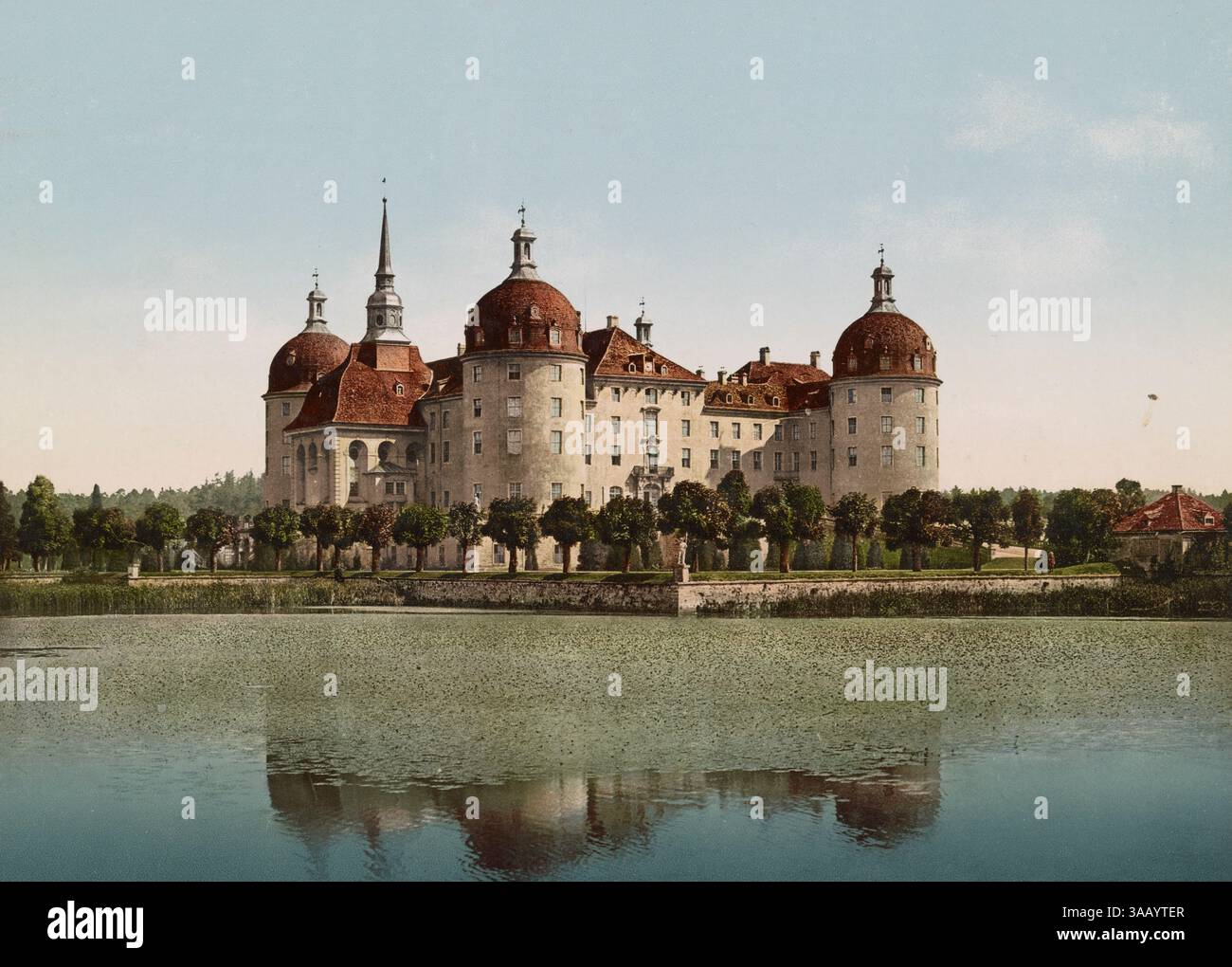Fotochrom-Vintage-Druck von Schloss Moritzburg in Deutschland. Stockfoto