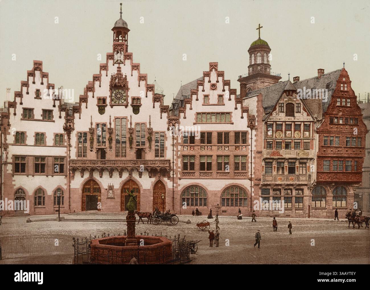 Fotochrom-Vintage-Druck des römischen mittelalterlichen Gebäudes in Frankfurt am Main. Stockfoto