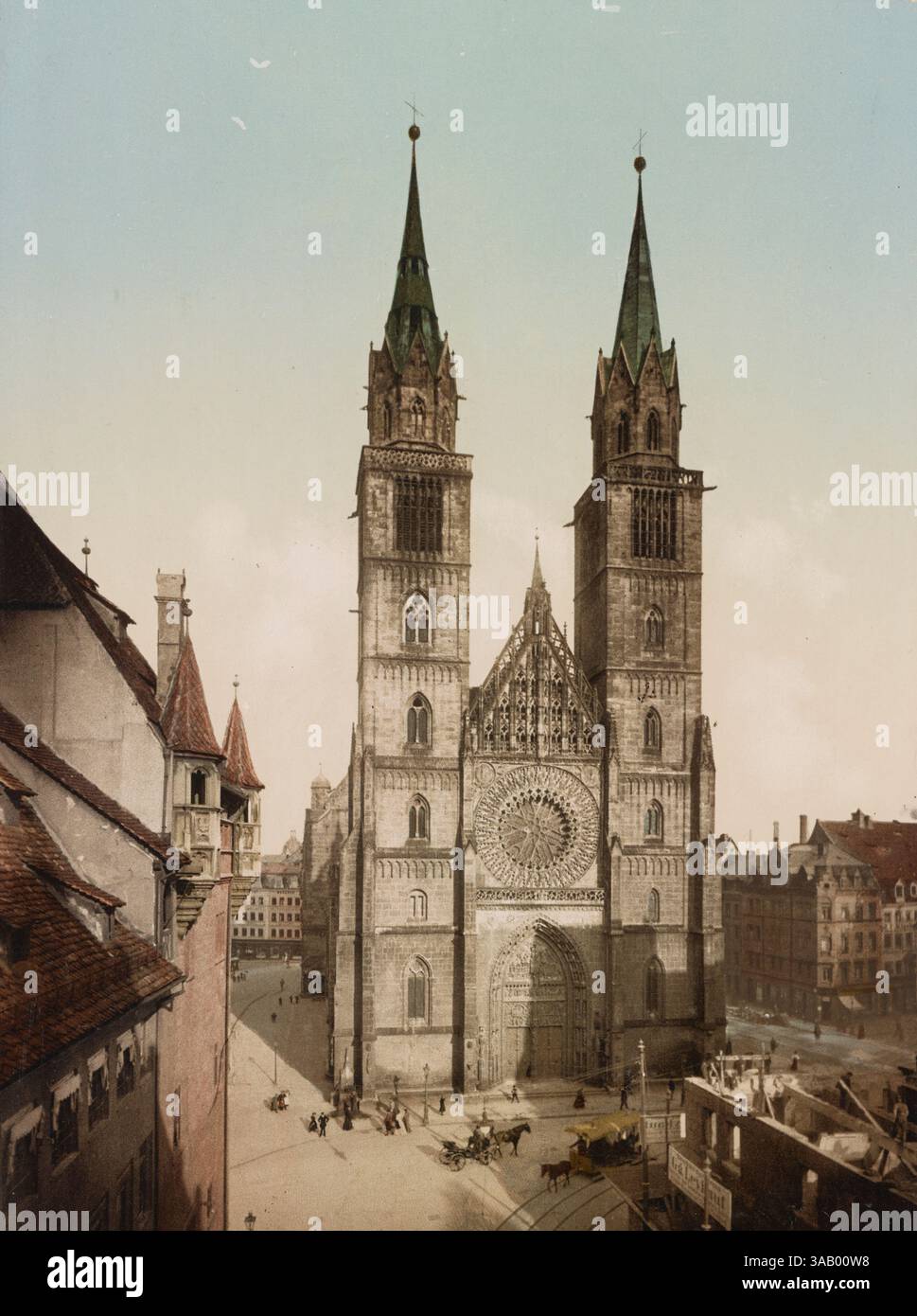 Vintage-Fotochrom-Druck der St. Lorenzkirche in Nürnberg. Stockfoto